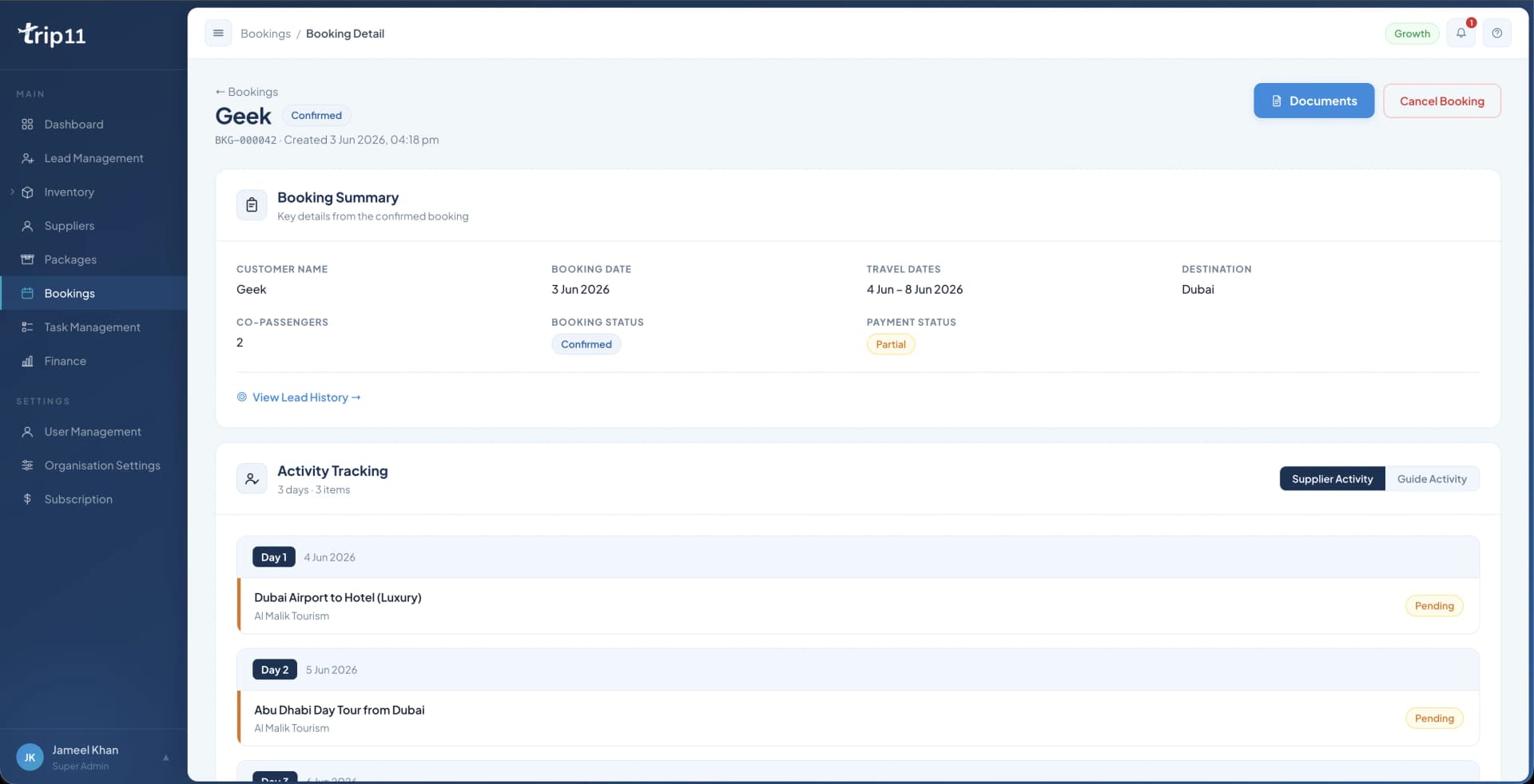 Trip11 travel-business operating system screenshot